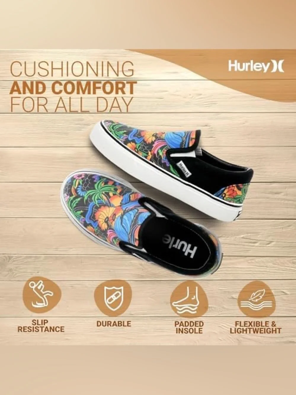 Hurley Women's Black Slip-On Sneakers with Multicolor Floral Print